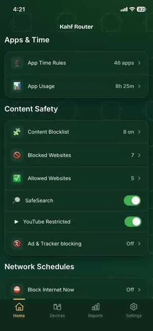 Kahf app dashboard with app limits and content safety