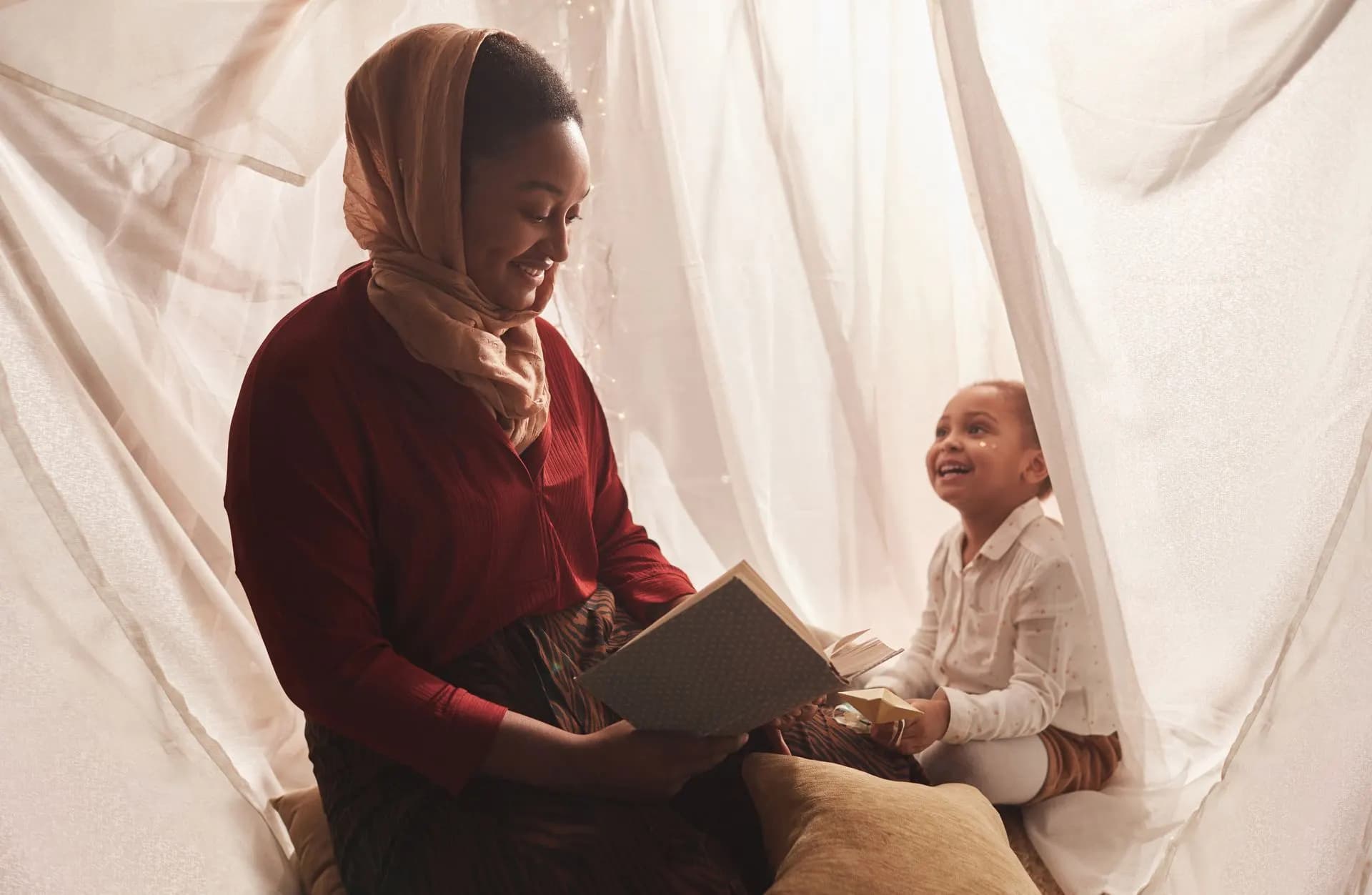 A mother reading a bedtime story to her child